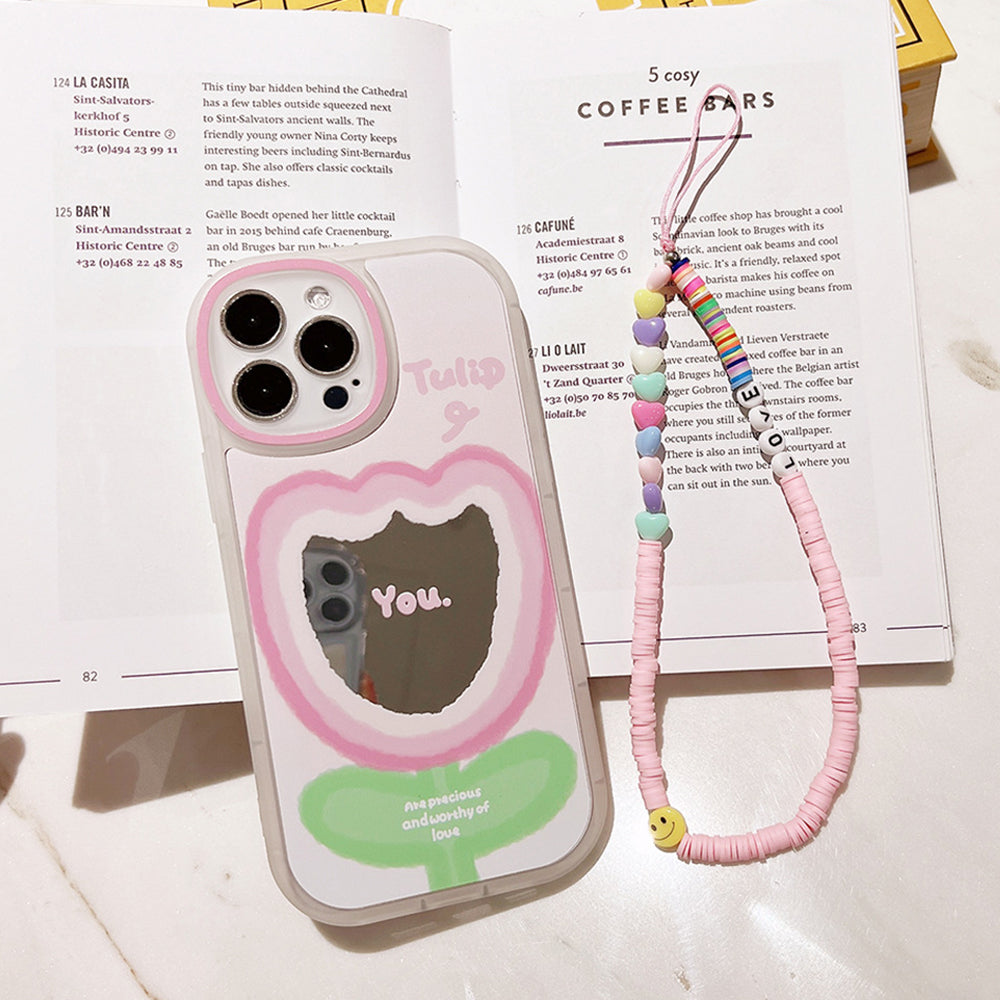 For iPhone 13 Pro TPU Cover Gradient Pink Flower Pattern Mirror Design Phone Case with Wrist Strap For iPhone 13 Pro TPU Cover Gradient Pink Flower Pattern Mirror Design Phone Case with Wrist Strap